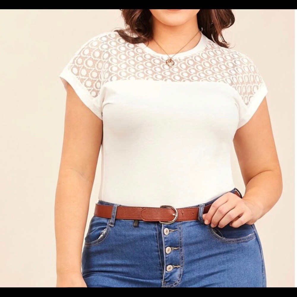 SHEIN Plus Lace Yoke Solid Top White